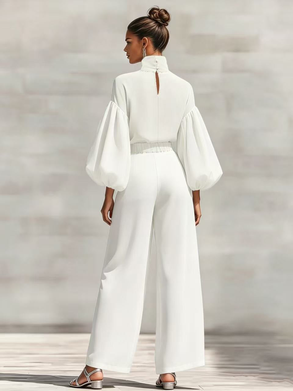 Chiffon Stand-up Collar Puff Sleeve High-waisted Draped Wide-leg Pants Two-piece Set