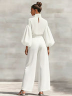 Chiffon Stand-up Collar Puff Sleeve High-waisted Draped Wide-leg Pants Two-piece Set