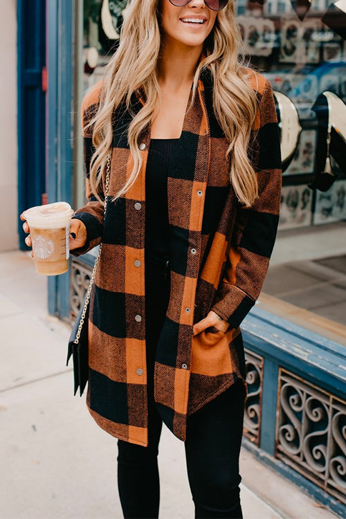 Vintage Curve Hem Button Down Plaid Shacket Jacket