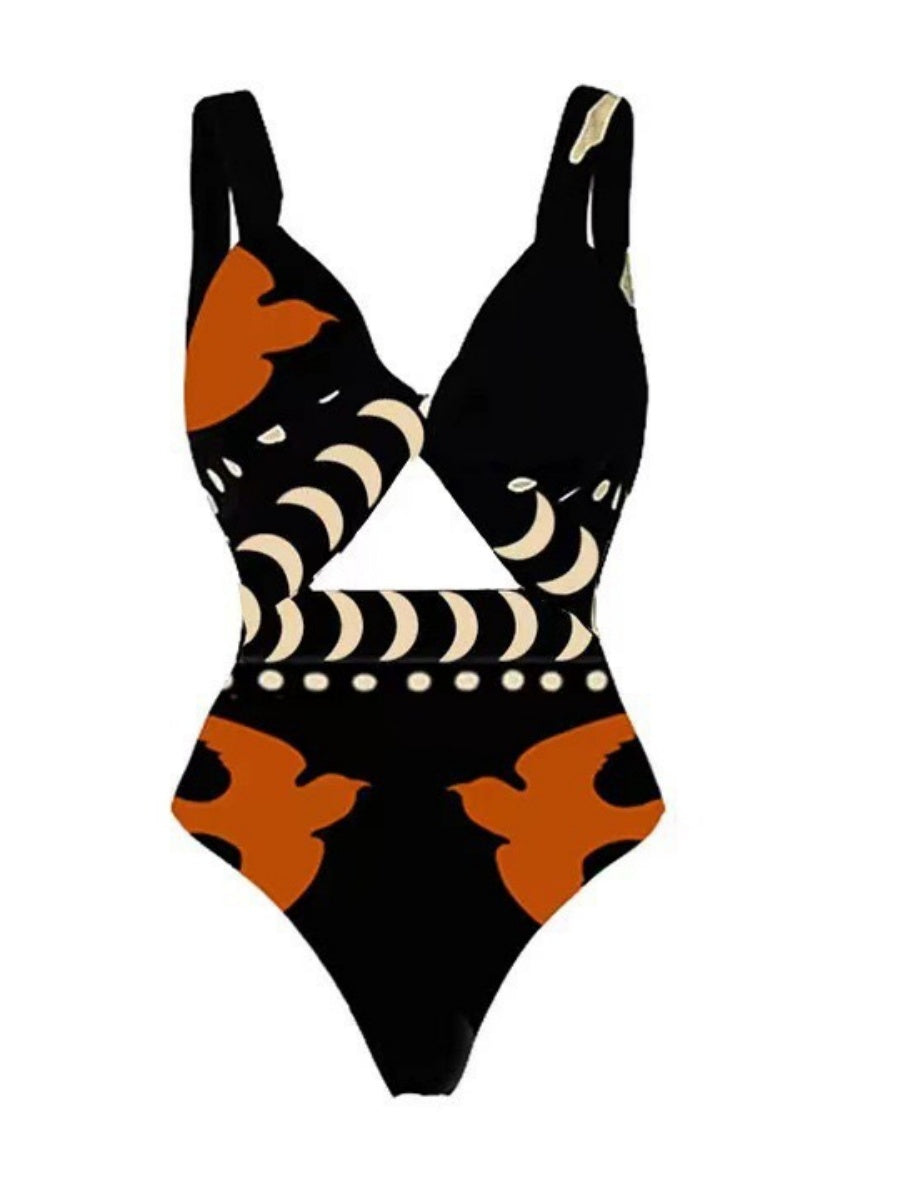 Retro-print Mesh Maxi Dress Conservative One-piece Swimsuit Two-piece Set
