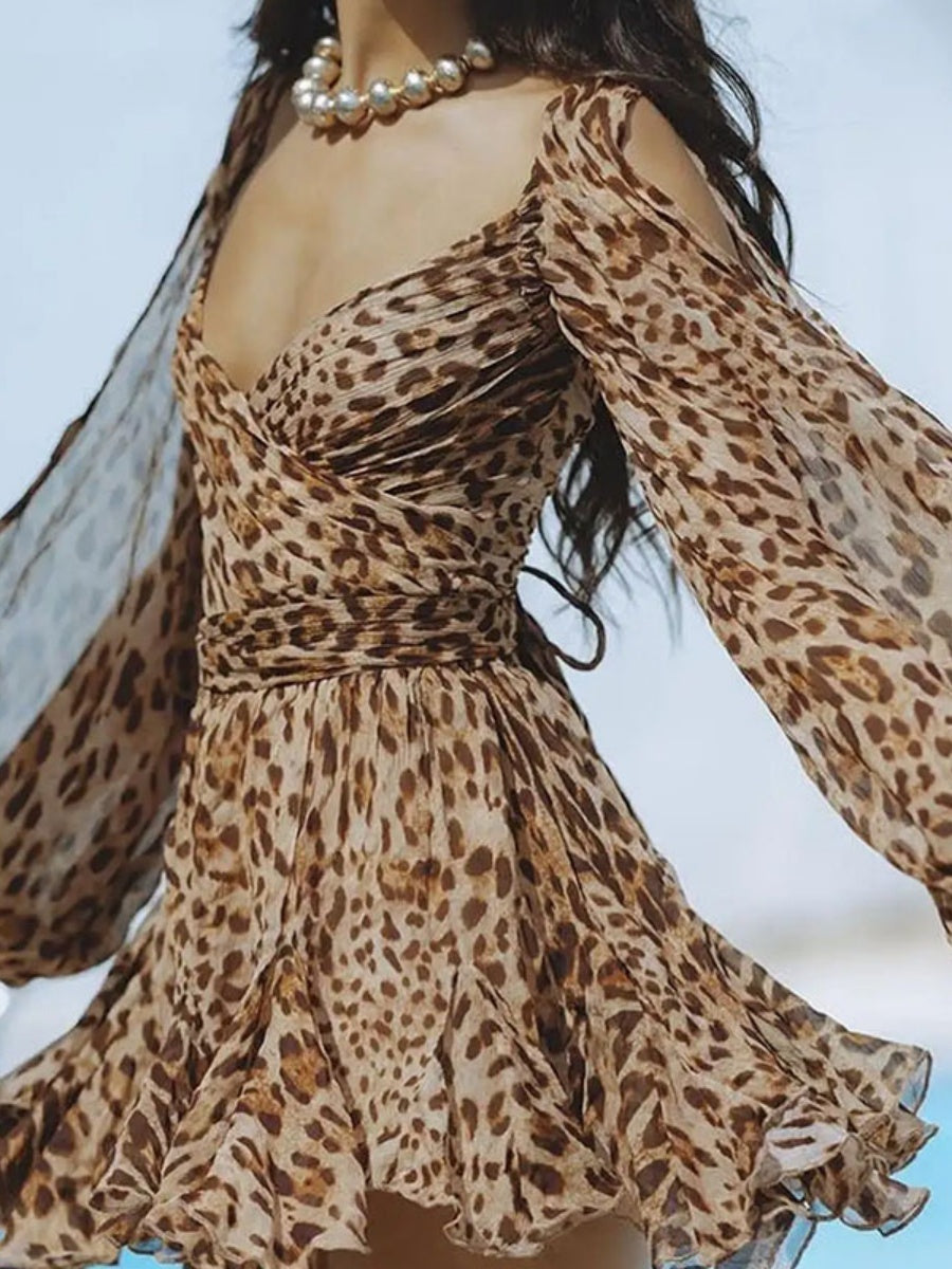 Off-shoulder Square Collar Big Swing Ruffle Leopard Print Mini&Short Dresses