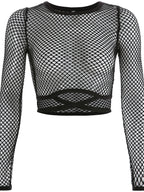 Black Round Neck Tie-up Cropped Mesh See-through Top