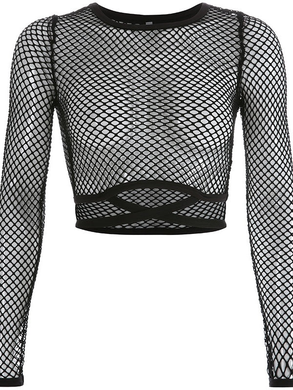 Black Round Neck Tie-up Cropped Mesh See-through Top
