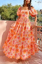 Square Neck Puff Sleeves Floral Print Ruffle Maxi Dress