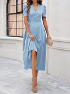 Pleated Waist Short Sleeve Maxi Dresses