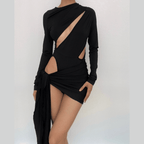 Long sleeve solid hollow out button bodysuit mini dress skirt set