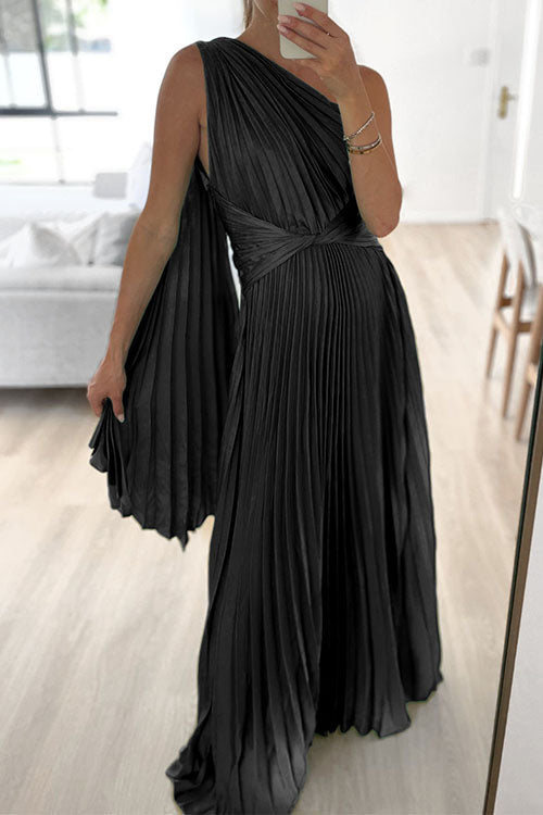 Draped One Shoulder Waisted Pleated Maxi Party Dress