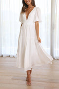 V Neck Lantern Sleeves Waisted Ruffle Maxi Dress