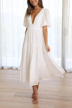 V Neck Lantern Sleeves Waisted Ruffle Maxi Dress