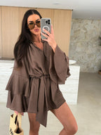 V-neck, Irregular Tie-waist, Long-sleeved, Loose-fitting Short Dress