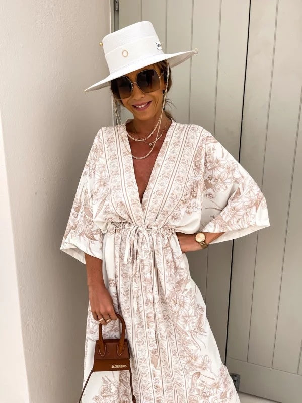 V-neck Short-sleeved Printed Maxi Dress