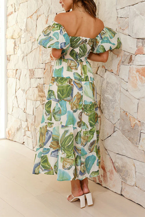Twist Front Puff Sleeves Ruffle Tiered Printed Maxi Dress