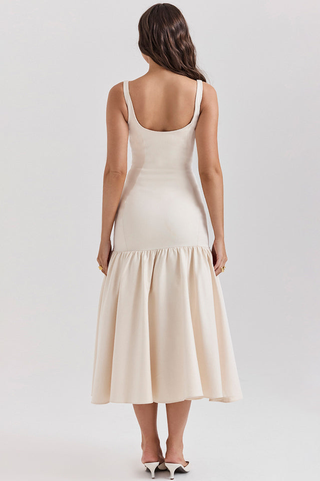 Sleeveless Scoop Neck Princess Seam Dropped Waist Gathered Flounce Midi Dress