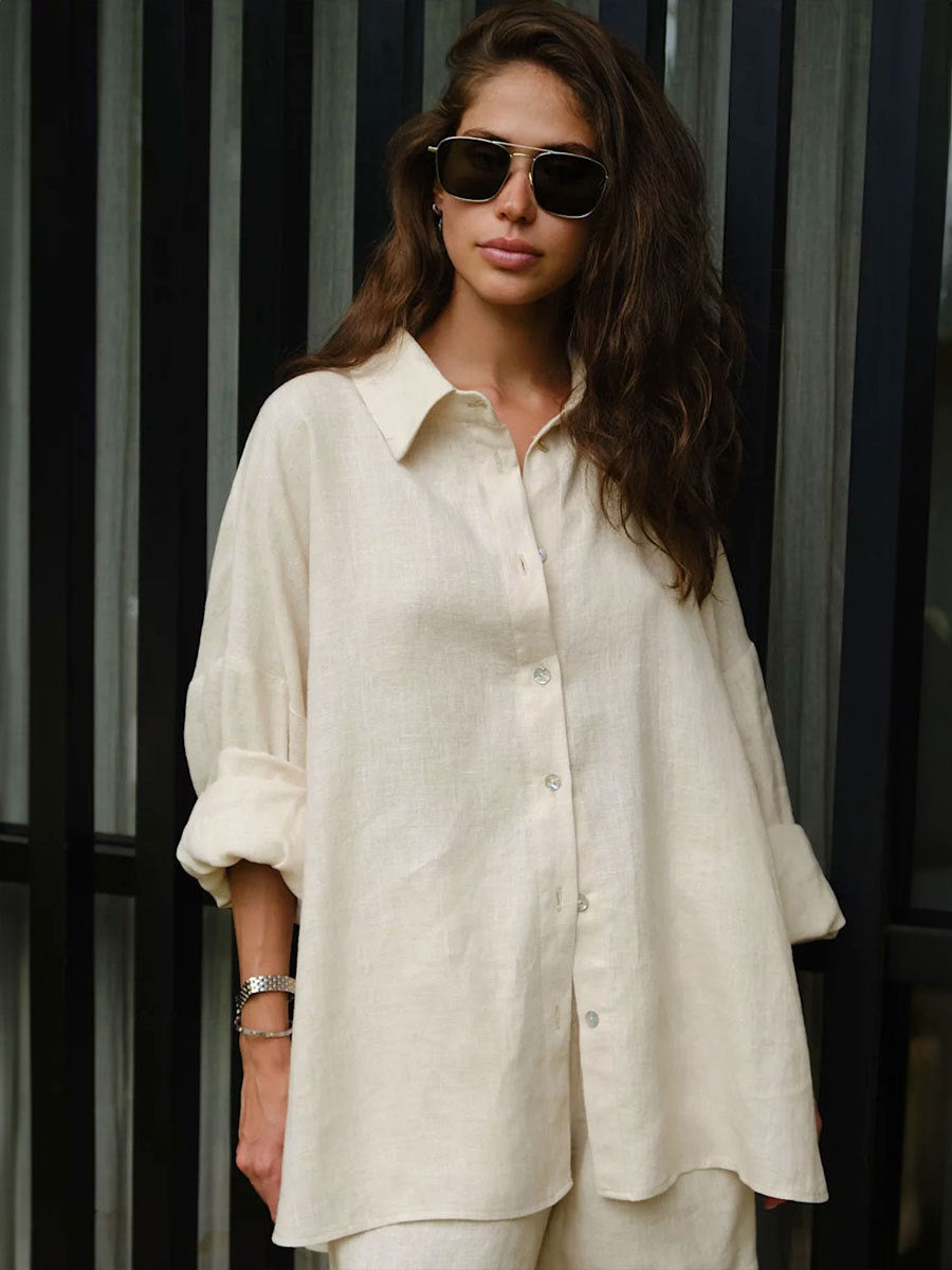 Pure Cotton Loose-fit Long-sleeved Shirt Loose Shorts Set 2-piece Sets