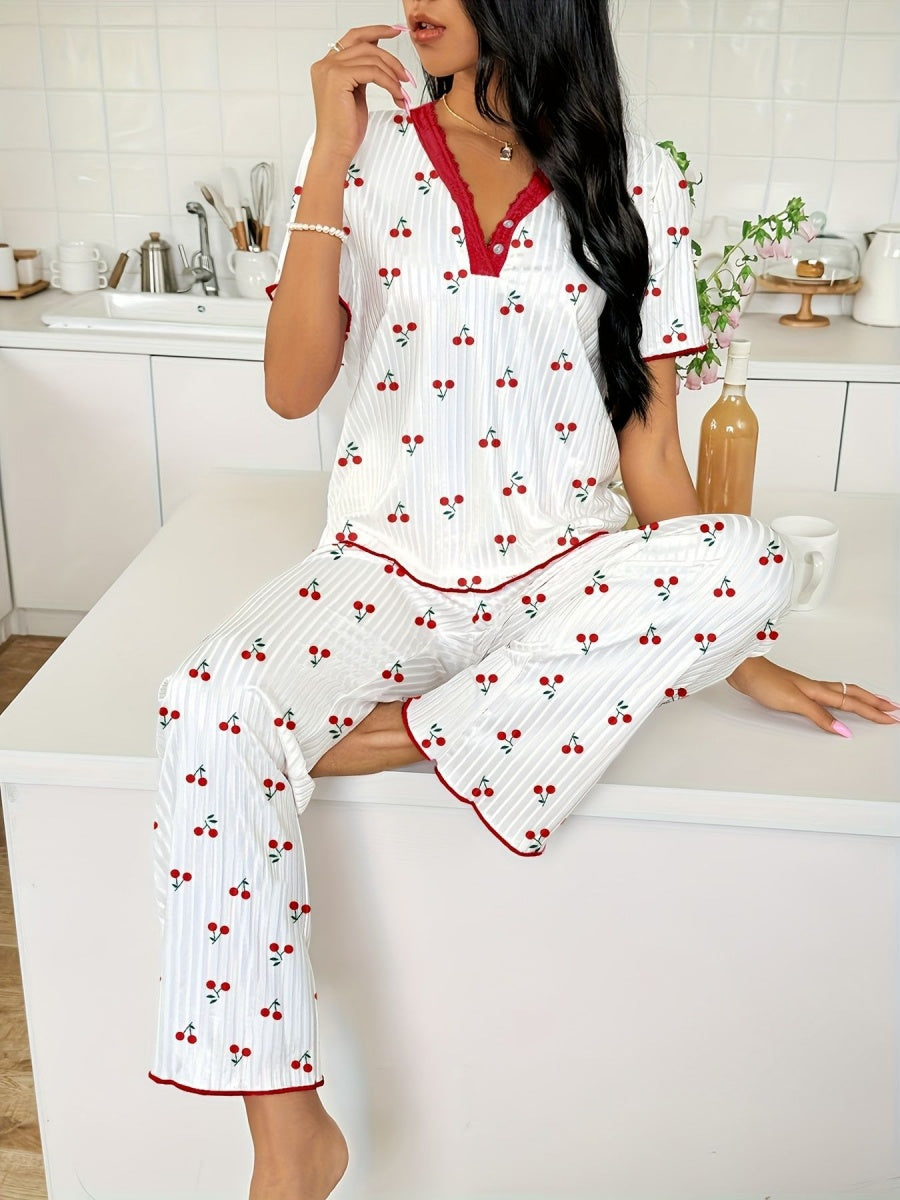 Heart-print V-neck Short-sleeved Trousers Loungewear Set