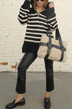 Turtleneck Zip Up Striped Pullover Sweater
