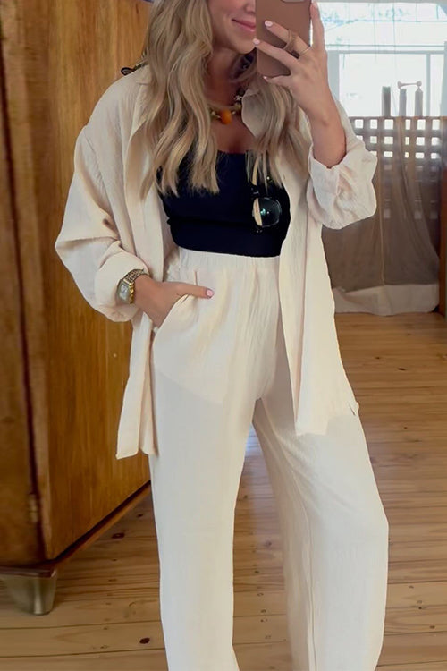 Long Sleeves Side Slit Blouse Shirt Elastic Waist Wide Leg Pants Set