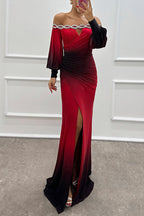 Off Shoulder Ruched Waist Gradient Tie Dye Wrap Maxi Dress