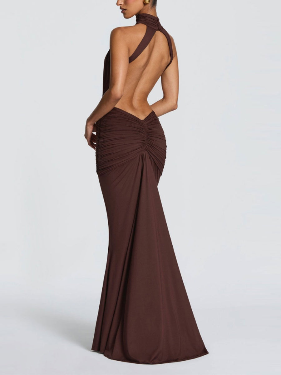 Turtleneck Gathering Hollow Backless Temperament Banquet Maxi Dresses