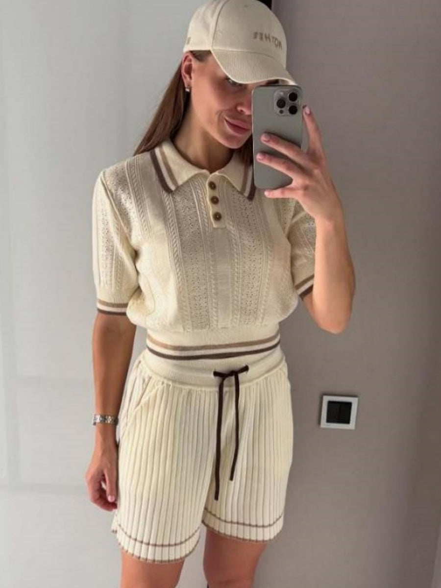 Academic Style Lapel Ice Silk Short Cardigan Color-blocked Drawstring Shorts Set 2-piece Sets