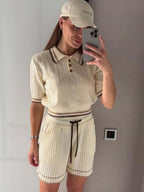 Academic Style Lapel Ice Silk Short Cardigan Color-blocked Drawstring Shorts Set 2-piece Sets