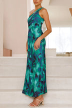 One Shoulder Drawstring Cut Out Printed Maxi Pleated Dress