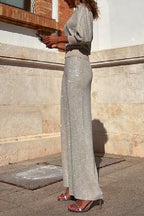 Glam Round Neck Lantern Sleeves Pullover Wide Leg Pants Sequin Two-piece Set