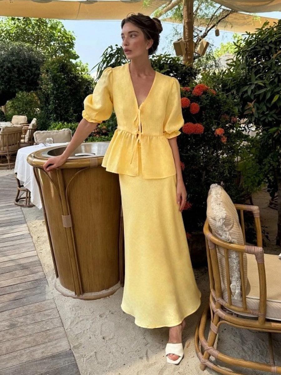 Pure Cotton Loose-fit V-neck Strappy Top Midi Skirt Set 2-piece Sets