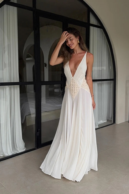 White Backless V-Neck Dress