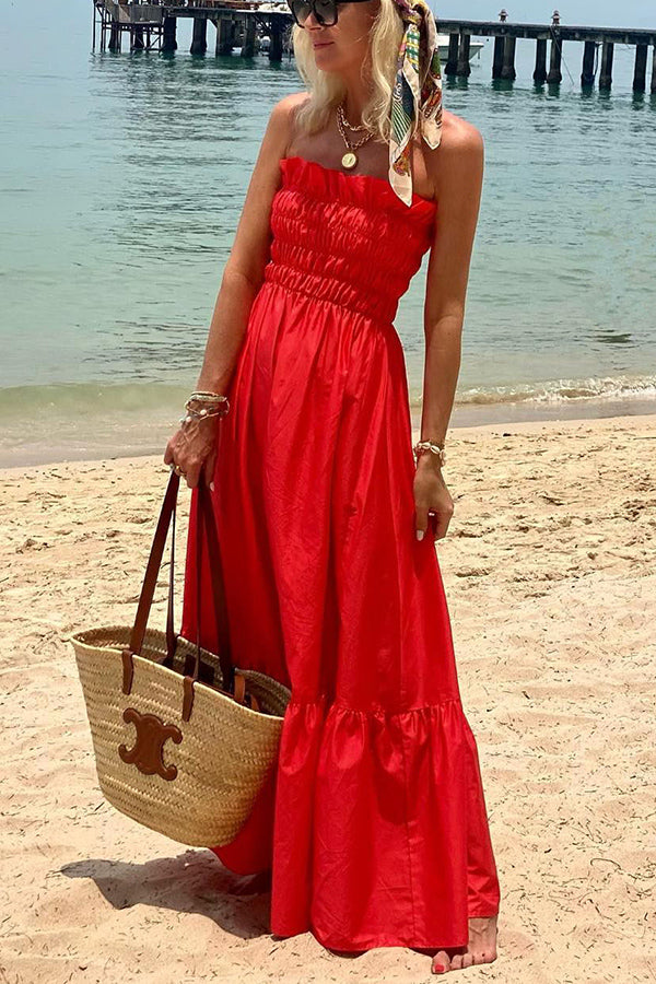 Strapless Smocked Ruffle Trim Tiered Maxi Dress