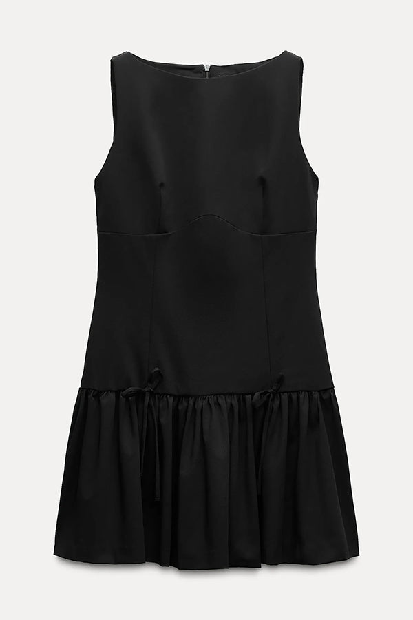 Velvet Bow Trim Drop Waist Gathered Pleated Mini Dress