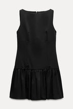 Velvet Bow Trim Drop Waist Gathered Pleated Mini Dress