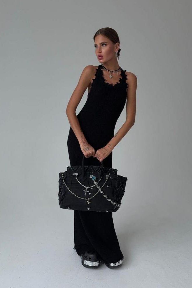 Distressed Knit Scoop Neck Tank Sleeveless Bodycon Maxi Sweater Dress