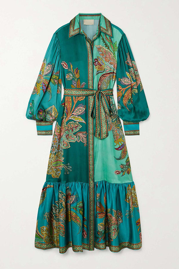 Paisley Print Lantern Sleeve Lace Up Belted Ruffle Hem Midi Shirt Dress