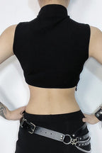 High Neck Sleeveless Moon Cutout Fringe Crop Top