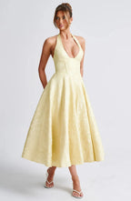Vintage Jacquard Midi Dress with Halter Neck