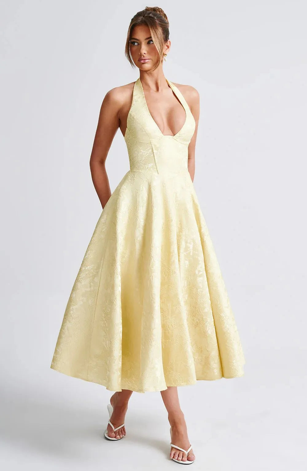 Vintage Jacquard Midi Dress with Halter Neck