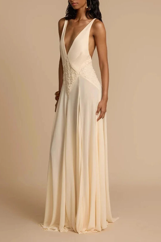Ivory Deep V-Neck Lace Patchwork Dress
