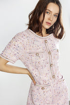 Tweed Jewel Button Patch Pocket Embellished Trim Mini Dress