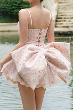 Pink Spaghetti Strap Corset Lace Trim Bubble Skirt Bow Back Mini Dress
