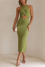 Ribbed Knit Racerfront Twist Front Cutout Ruched Waist Bodycon Midi Dress