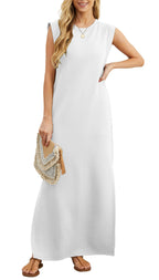 Padded Shoulder Crew Neck Ribbed Column Ankle Length Maxi Dress