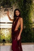 Sequin Plunging Halter Choker Wrap Maxi Gown