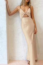 Satin Spaghetti Strap Deep V-Neck Cut Out High Split Maxi Dress