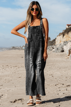 Blue Zone Planet | Stone Blue Distressed Bib Pocket Wide Leg Denim Overall