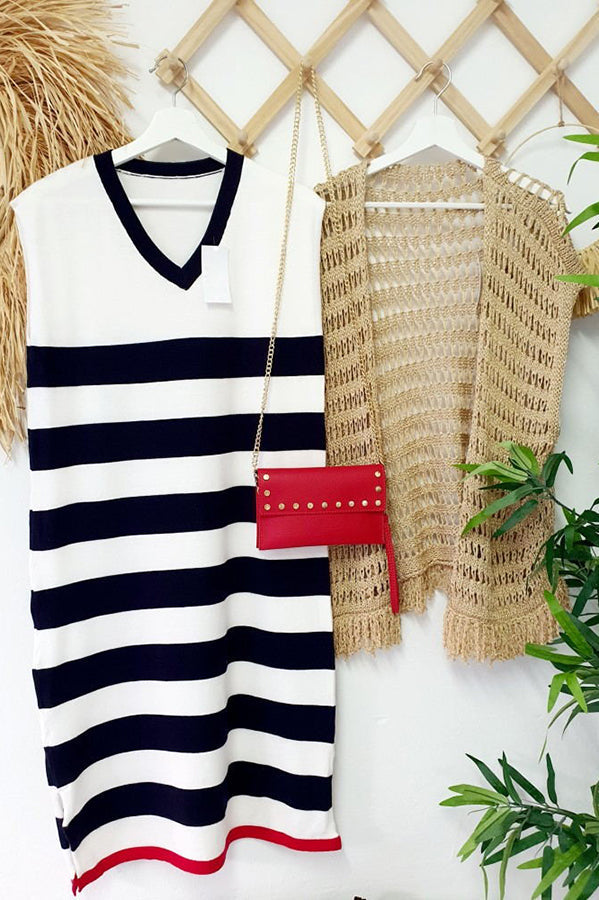 Striped V-Neck Cap Sleeve Side Slit Midi Dress