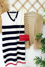 Striped V-Neck Cap Sleeve Side Slit Midi Dress