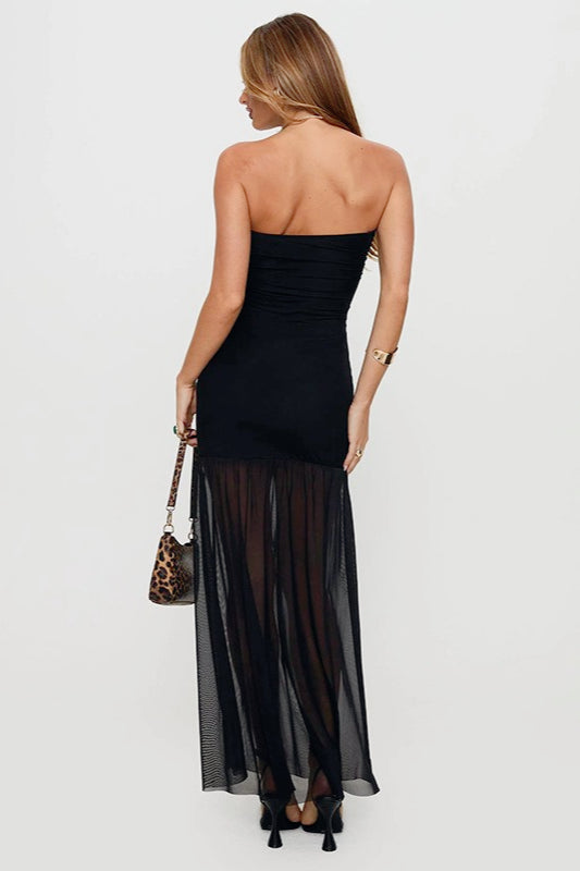 Strapless Sheer Mesh Overlay Bodycon Illusion Maxi Dress