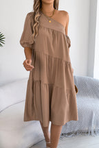 Solid Color Loose Slash Neck Short-sleeved Casual Midi Dress