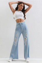 Washed Blue Ripped Patchwork Raw Hem Slim Fit Flare Jeans